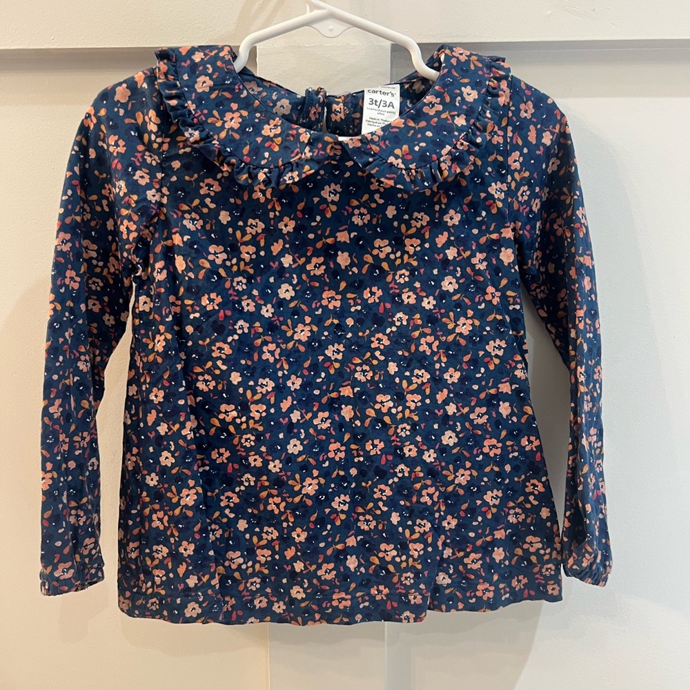 Carters Navy Toddler Girl Long Sleeve Top with Floral Print & Collar Detail